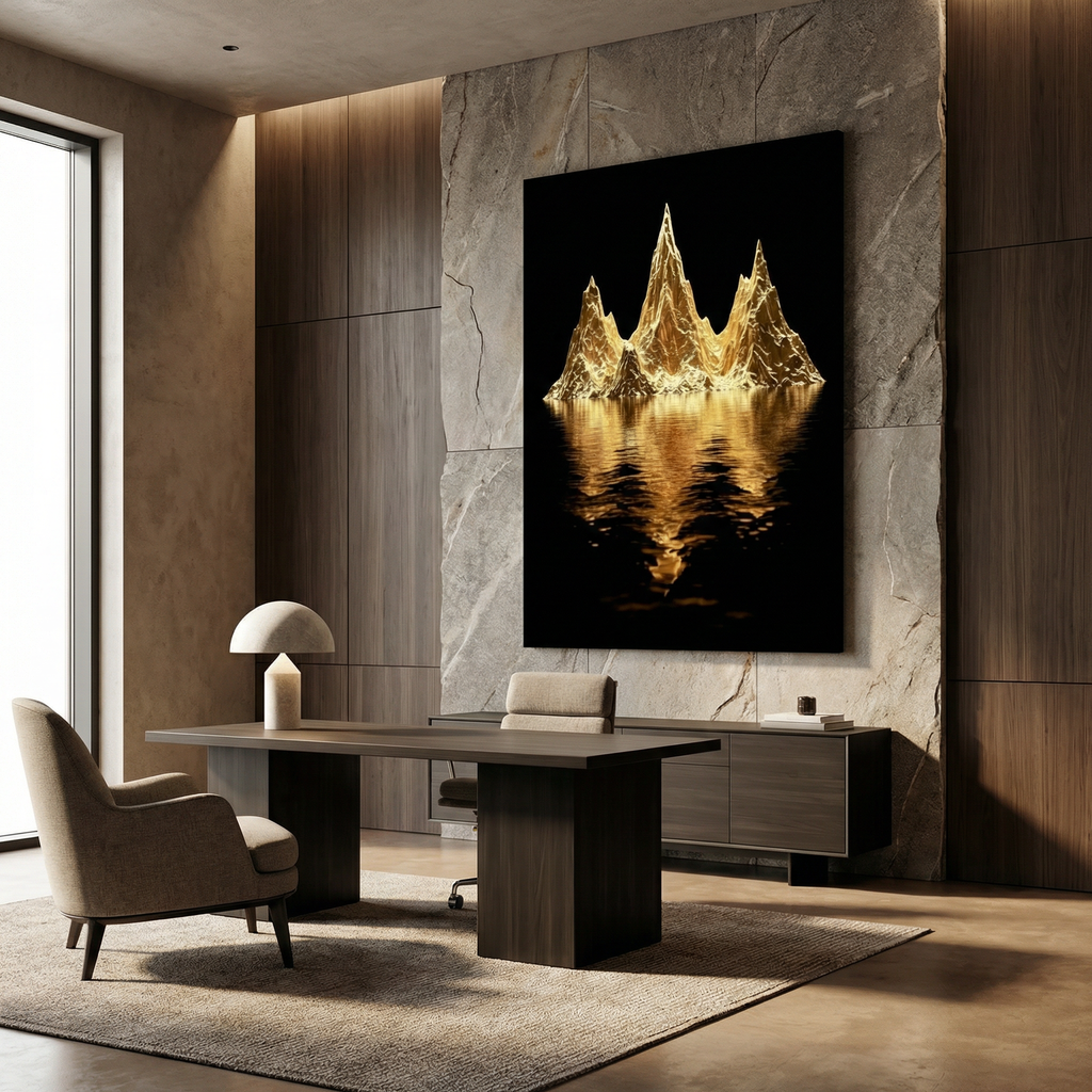 [Leinwandbild "The Golden Enigma" – Abstraktes Schwarz-Gold Wandbild] - Luxus Wandbild mit 24 Karat Gold | Dark Luxury Interior & Wanddekoration.
