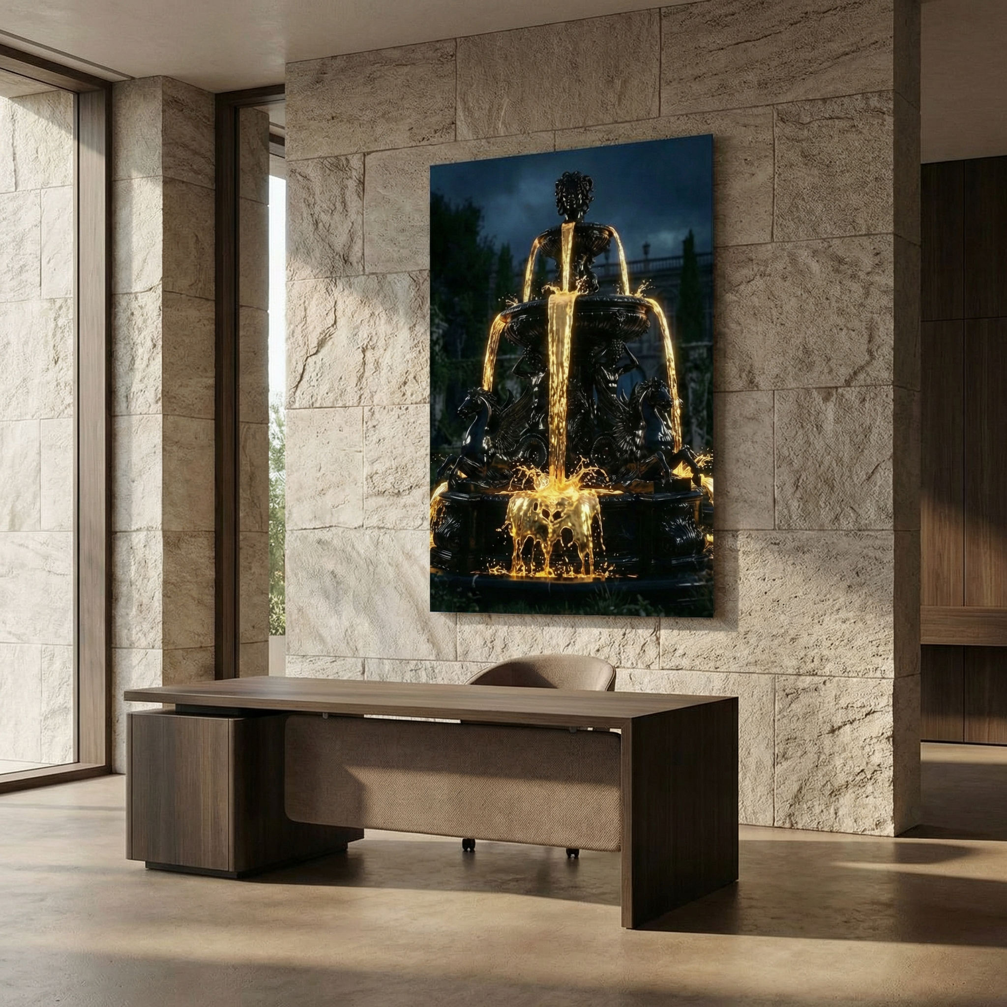 [Statement Leinwandbild "Liquid Enigma" – Tiefsinniges Luxus Wandbild für moderne Raumgestaltung & Büro] - Luxus Wandbild mit 24 Karat Gold | Dark Luxury Interior & Wanddekoration.