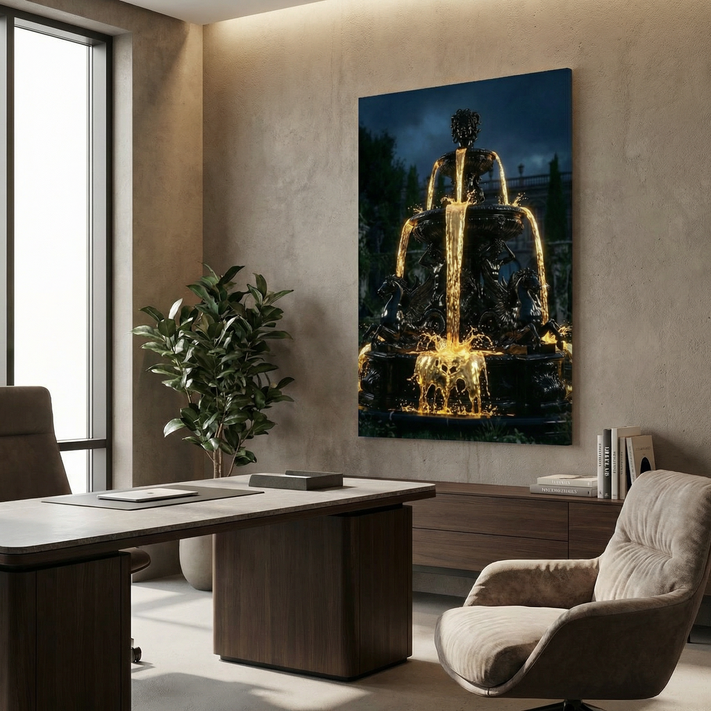[Statement Leinwandbild "Liquid Enigma" – Tiefsinniges Luxus Wandbild für moderne Raumgestaltung & Büro] - Luxus Wandbild mit 24 Karat Gold | Dark Luxury Interior & Wanddekoration.
