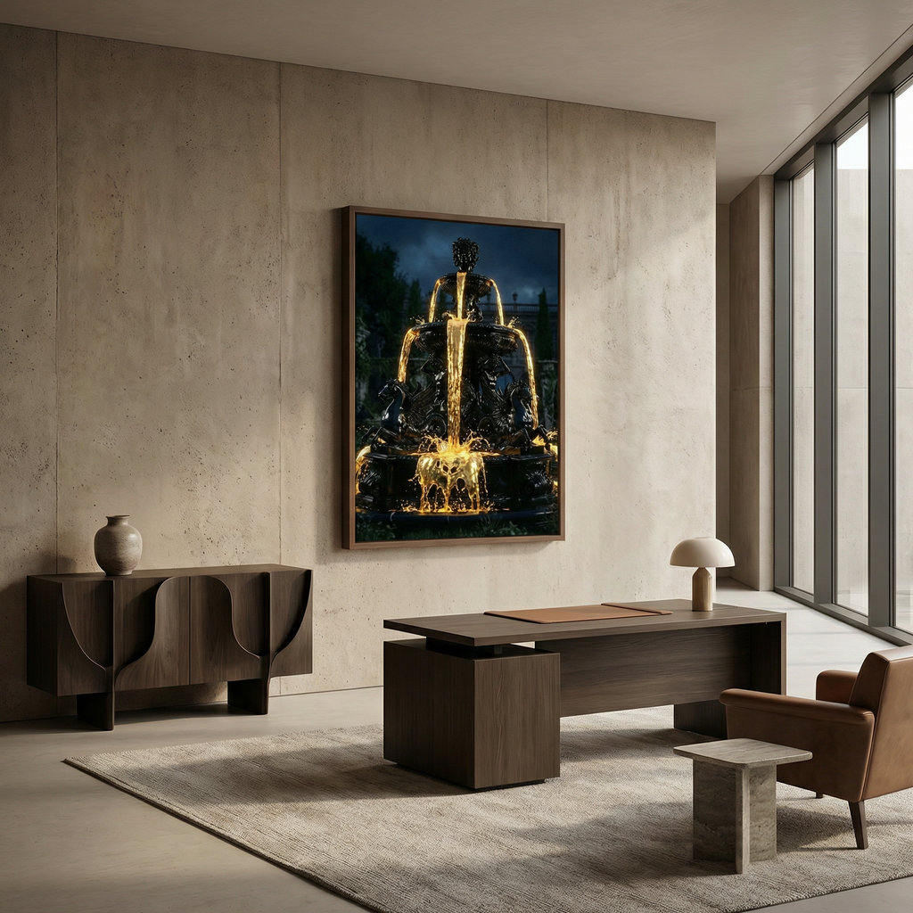[Statement Leinwandbild "Liquid Enigma" – Tiefsinniges Luxus Wandbild für moderne Raumgestaltung & Büro] - Luxus Wandbild mit 24 Karat Gold | Dark Luxury Interior & Wanddekoration.