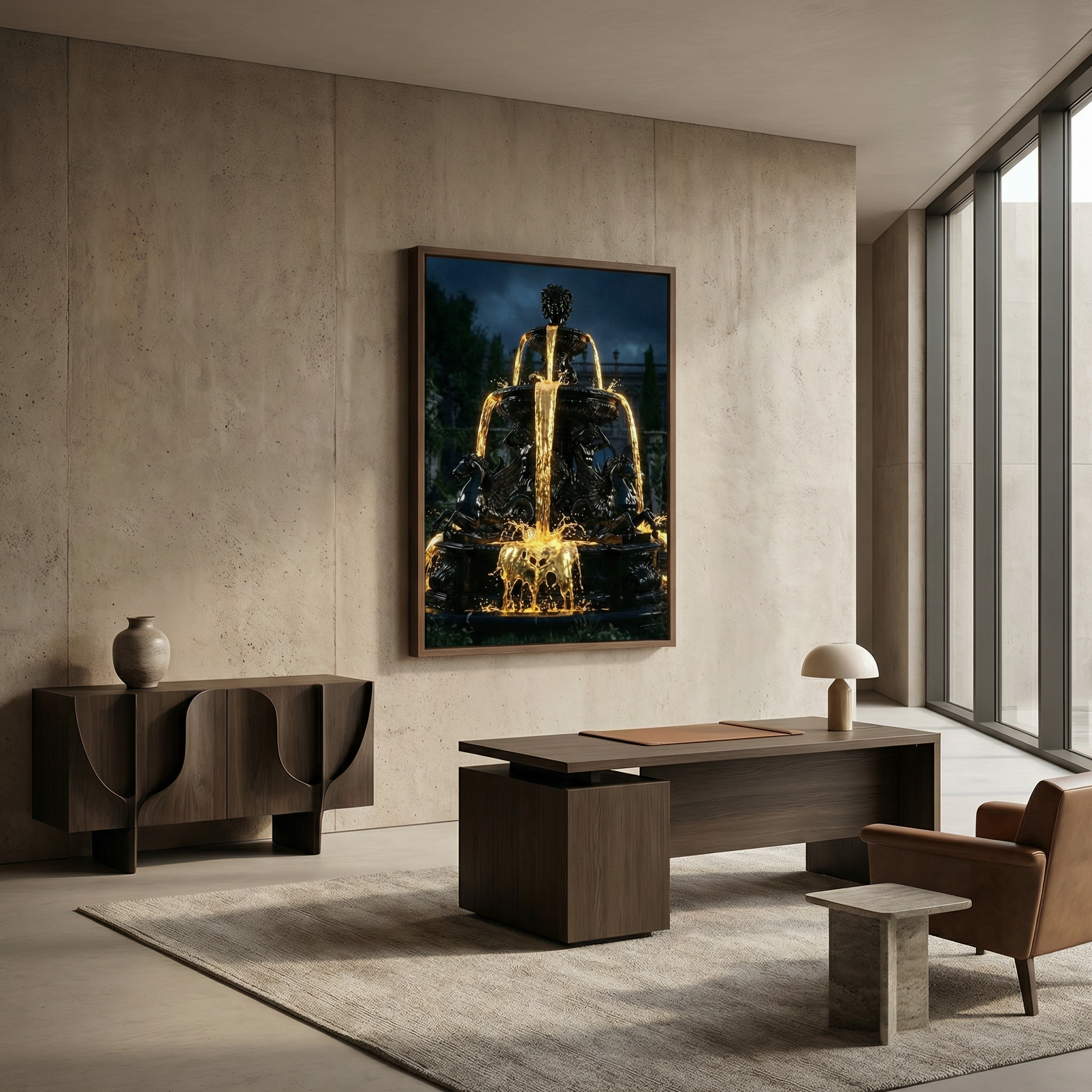[Statement Leinwandbild "Liquid Enigma" – Tiefsinniges Luxus Wandbild für moderne Raumgestaltung & Büro] - Luxus Wandbild mit 24 Karat Gold | Dark Luxury Interior & Wanddekoration.