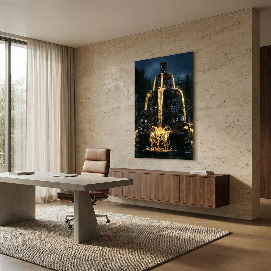 [Statement Leinwandbild "Liquid Enigma" – Tiefsinniges Luxus Wandbild für moderne Raumgestaltung & Büro] - Luxus Wandbild mit 24 Karat Gold | Dark Luxury Interior & Wanddekoration.