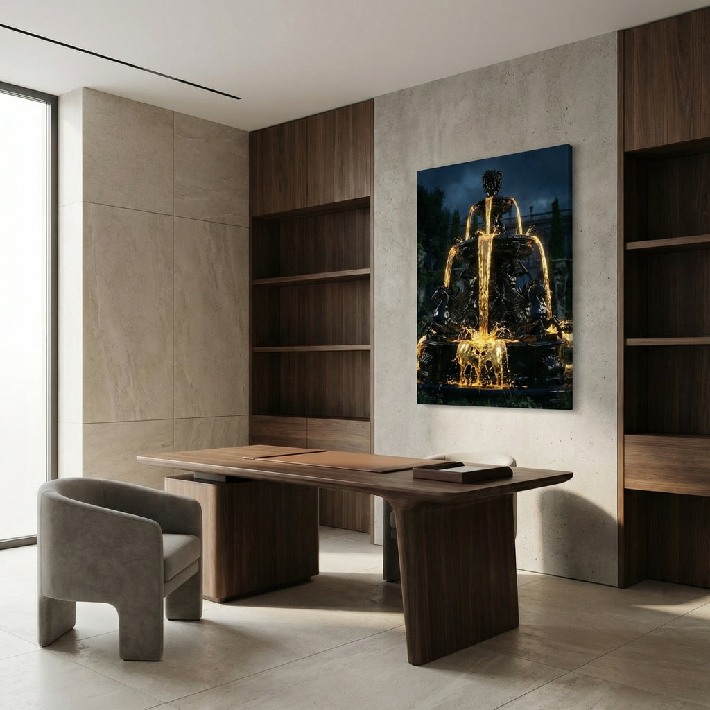 [Statement Leinwandbild "Liquid Enigma" – Tiefsinniges Luxus Wandbild für moderne Raumgestaltung & Büro] - Luxus Wandbild mit 24 Karat Gold | Dark Luxury Interior & Wanddekoration.