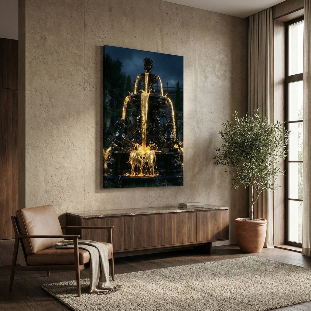 [Statement Leinwandbild "Liquid Enigma" – Tiefsinniges Luxus Wandbild für moderne Raumgestaltung & Büro] - Luxus Wandbild mit 24 Karat Gold | Dark Luxury Interior & Wanddekoration.