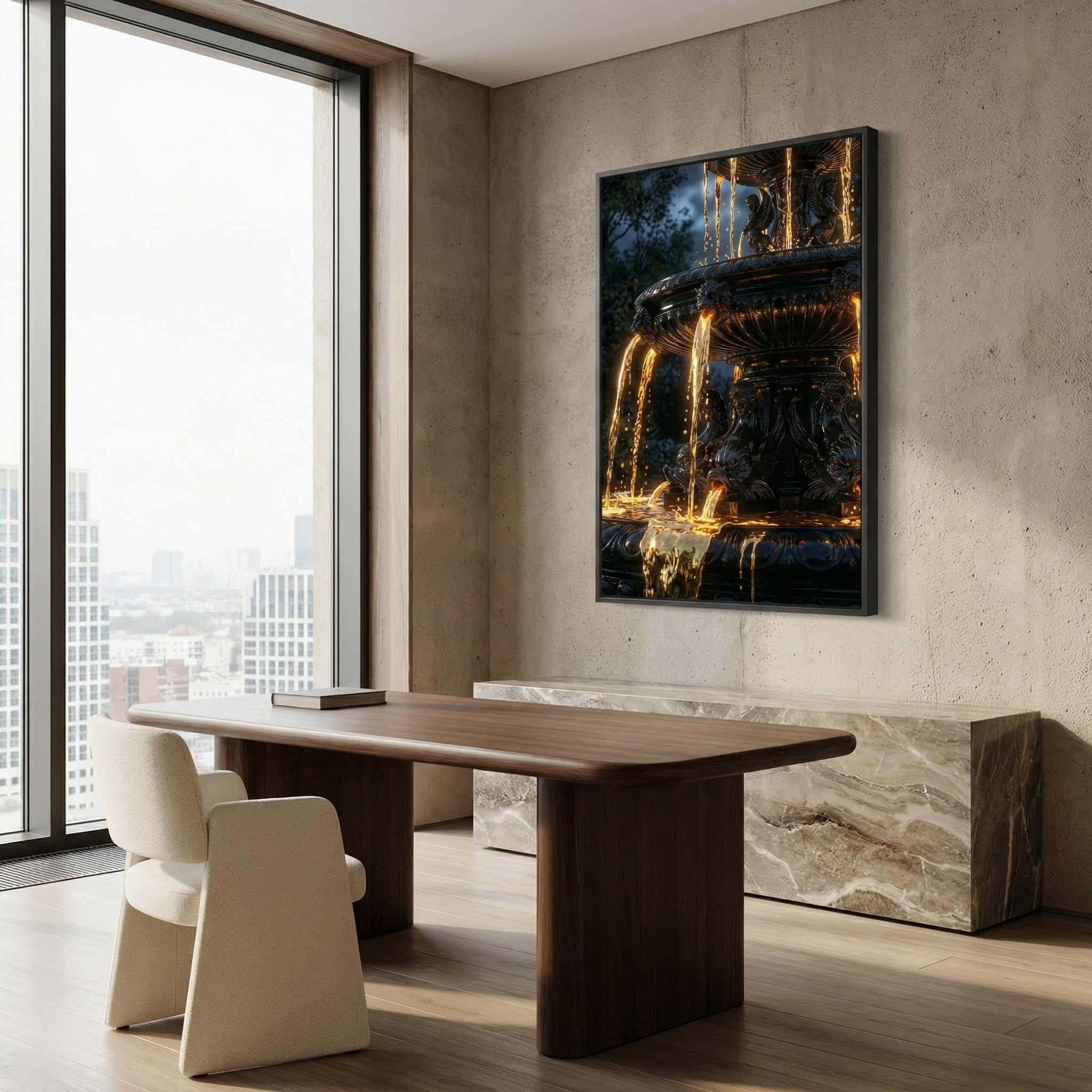 [„AURUM NOCTIS“ Die Nacht aus fließendem Gold - LAFFARTS GALLERY] - Luxus Wandbild mit 24 Karat Gold | Dark Luxury Interior & Wanddekoration.