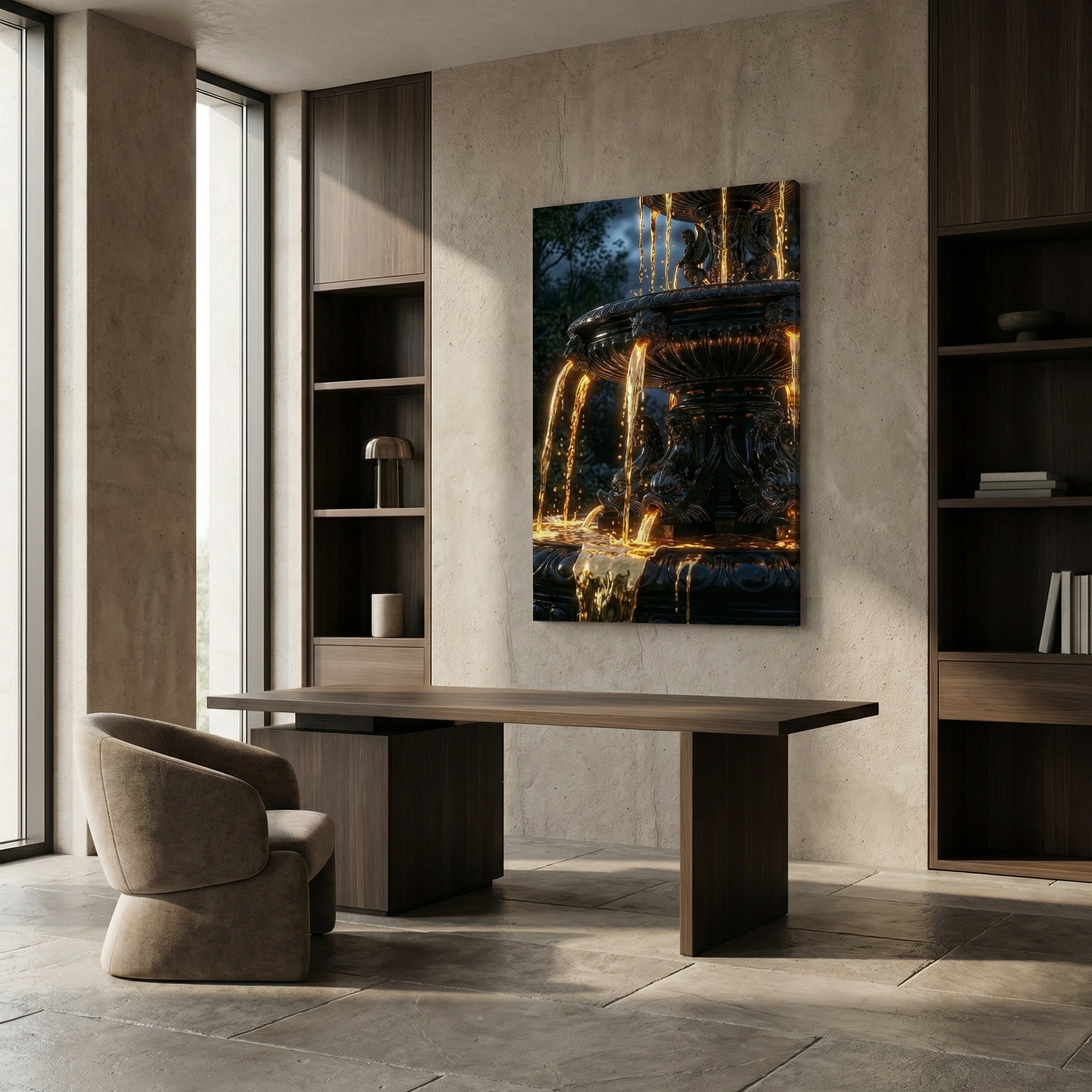 [„AURUM NOCTIS“ Die Nacht aus fließendem Gold - LAFFARTS GALLERY] - Luxus Wandbild mit 24 Karat Gold | Dark Luxury Interior & Wanddekoration.