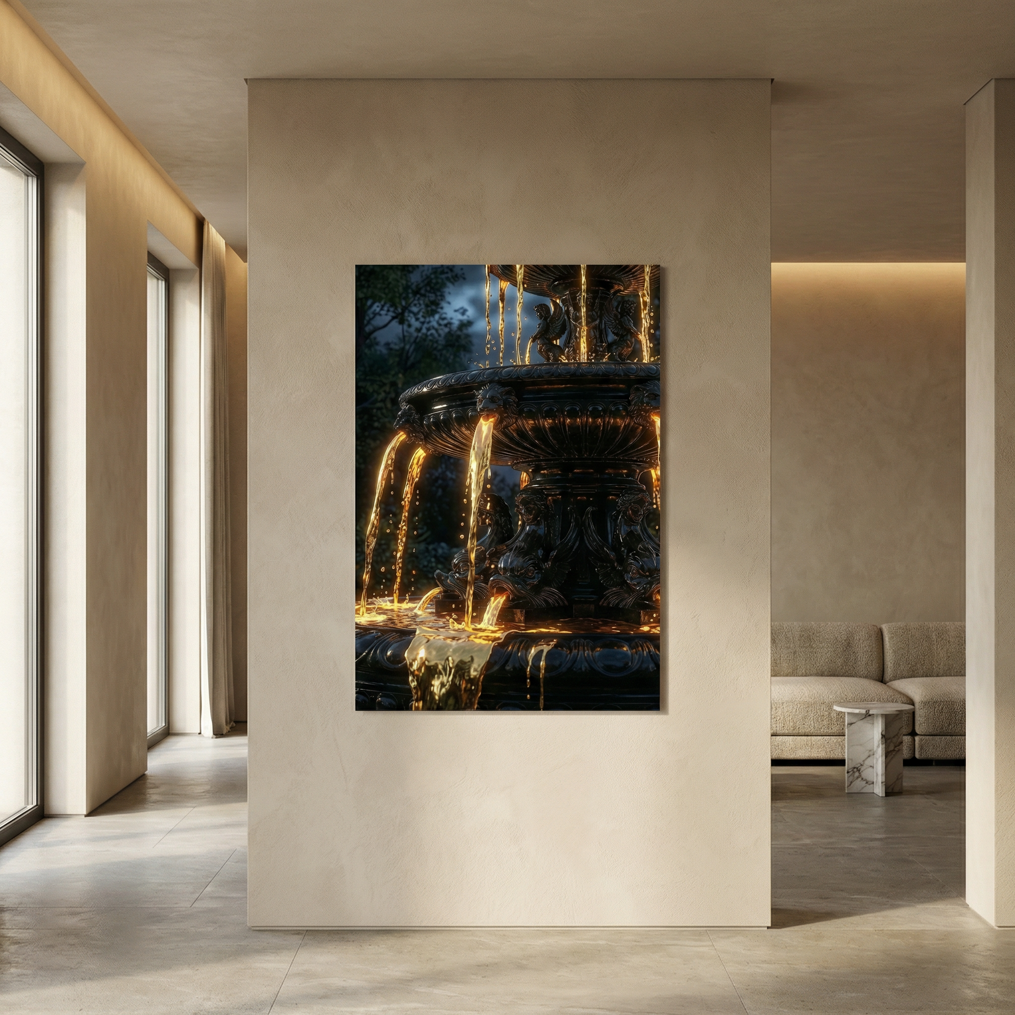 [„AURUM NOCTIS“ Die Nacht aus fließendem Gold - LAFFARTS GALLERY] - Luxus Wandbild mit 24 Karat Gold | Dark Luxury Interior & Wanddekoration.