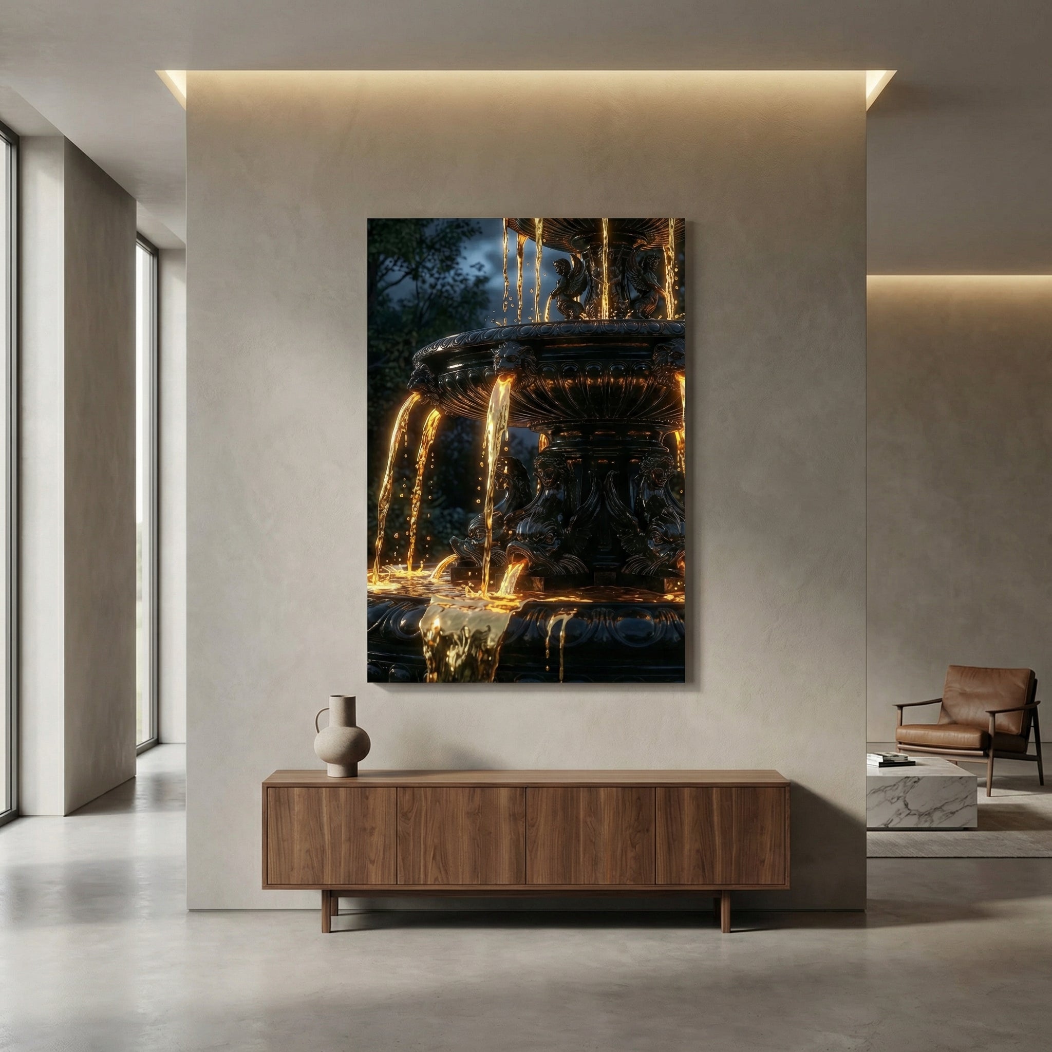[„AURUM NOCTIS“ Die Nacht aus fließendem Gold - LAFFARTS GALLERY] - Luxus Wandbild mit 24 Karat Gold | Dark Luxury Interior & Wanddekoration.