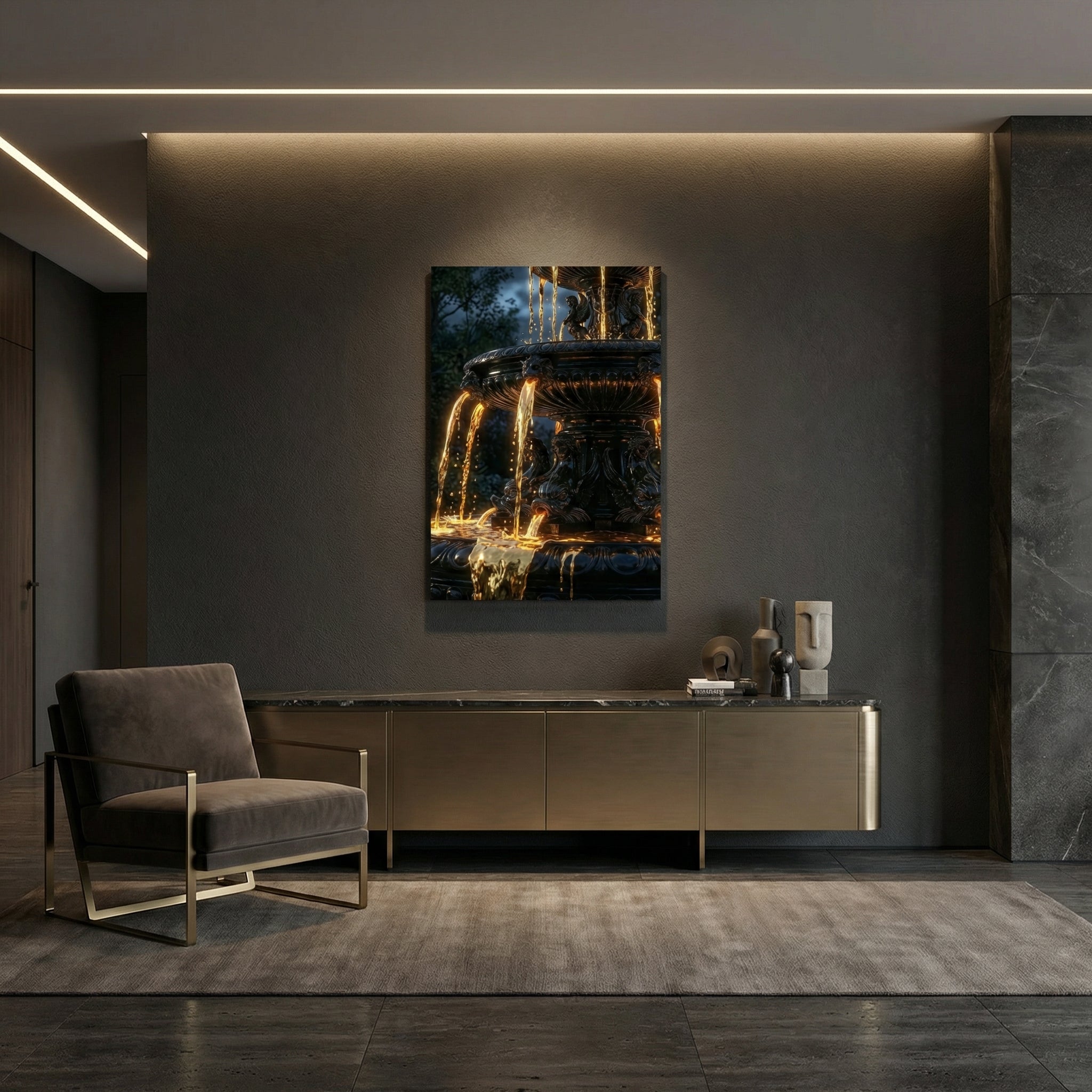 [„AURUM NOCTIS“ Die Nacht aus fließendem Gold - LAFFARTS GALLERY] - Luxus Wandbild mit 24 Karat Gold | Dark Luxury Interior & Wanddekoration.