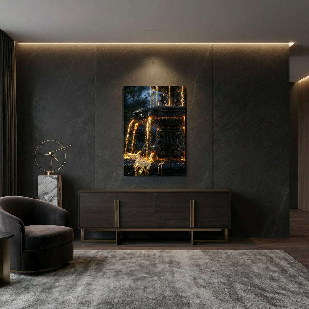 [„AURUM NOCTIS“ Die Nacht aus fließendem Gold - LAFFARTS GALLERY] - Luxus Wandbild mit 24 Karat Gold | Dark Luxury Interior & Wanddekoration.