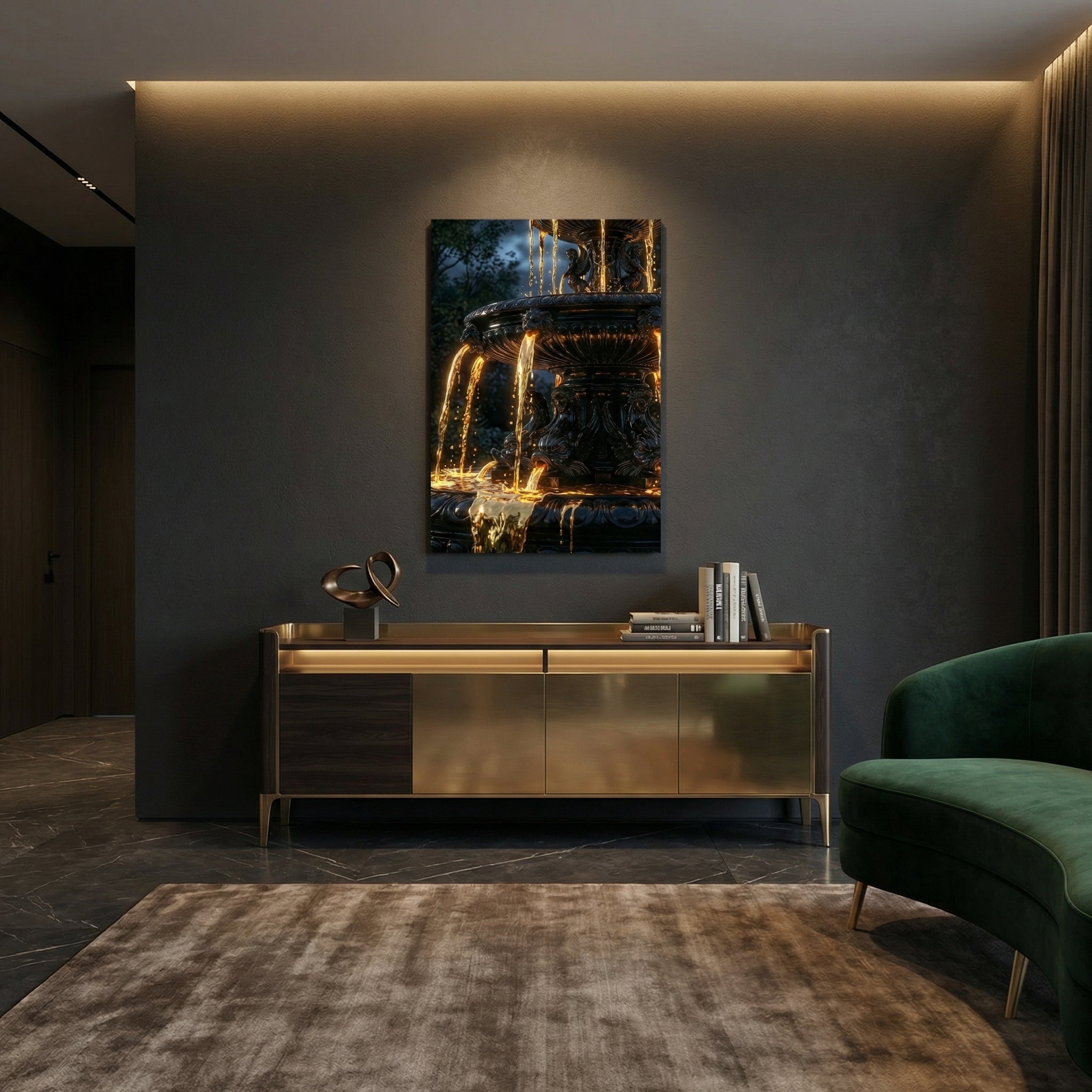 [„AURUM NOCTIS“ Die Nacht aus fließendem Gold - LAFFARTS GALLERY] - Luxus Wandbild mit 24 Karat Gold | Dark Luxury Interior & Wanddekoration.