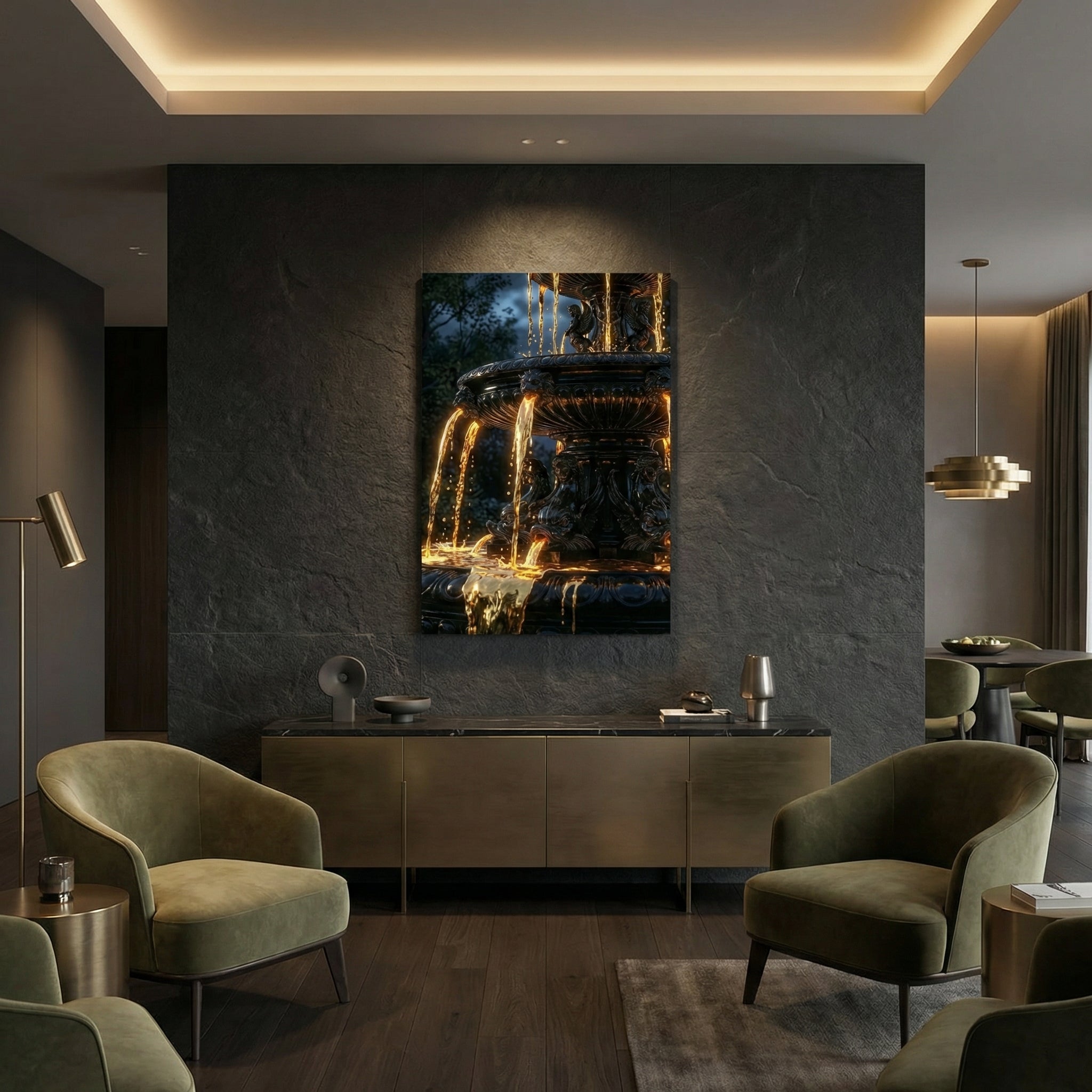 [„AURUM NOCTIS“ Die Nacht aus fließendem Gold - LAFFARTS GALLERY] - Luxus Wandbild mit 24 Karat Gold | Dark Luxury Interior & Wanddekoration.