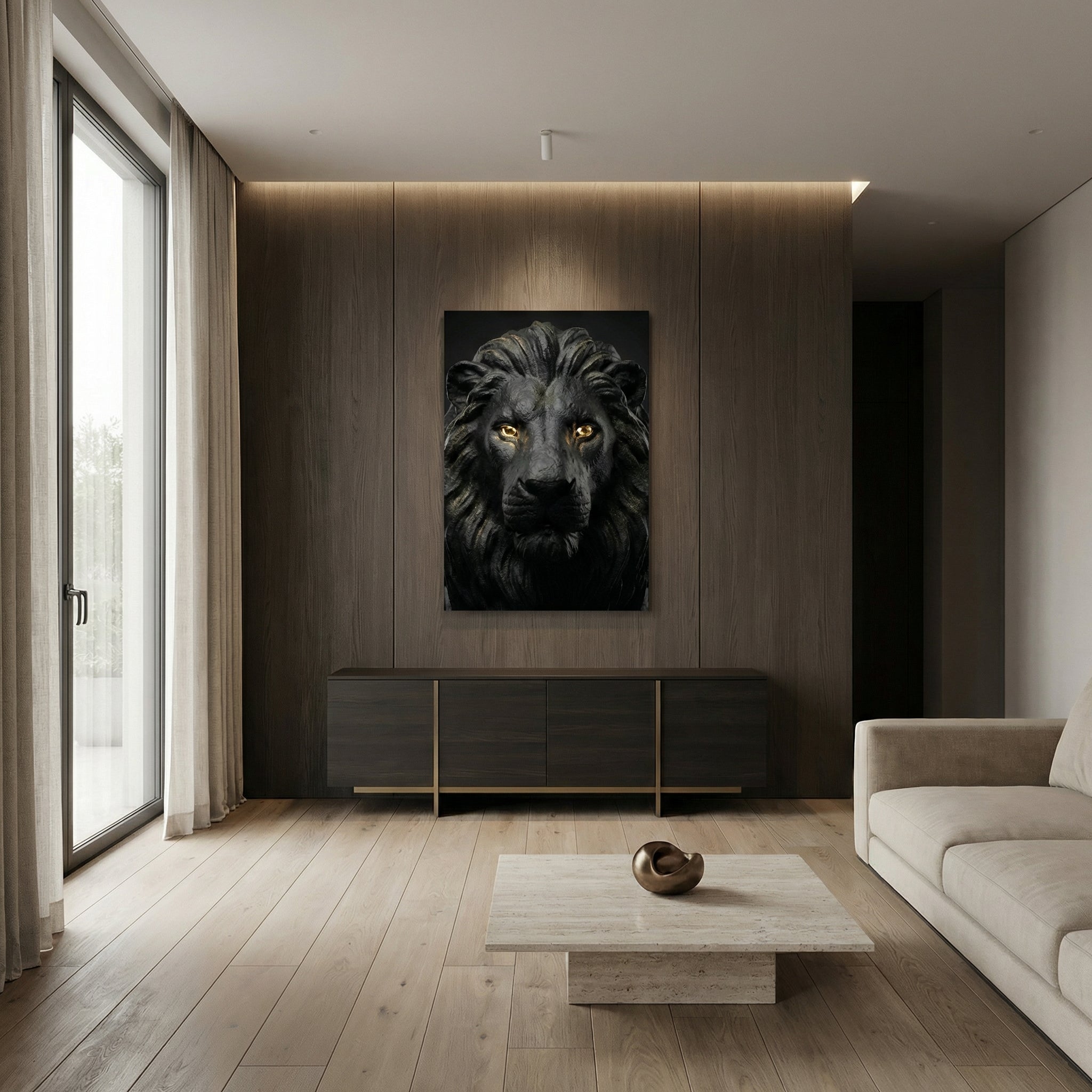 [WandkunstTHE LION KING | Wandbild Löwe Schwarz mit Gold Augen |] - Luxus Wandbild mit 24 Karat Gold | Dark Luxury Interior & Wanddekoration.