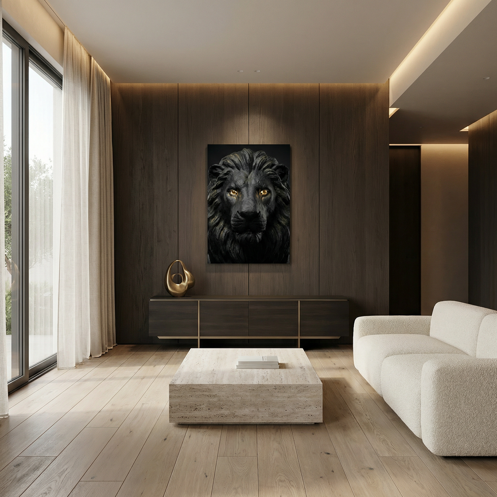[WandkunstTHE LION KING | Wandbild Löwe Schwarz mit Gold Augen |] - Luxus Wandbild mit 24 Karat Gold | Dark Luxury Interior & Wanddekoration.