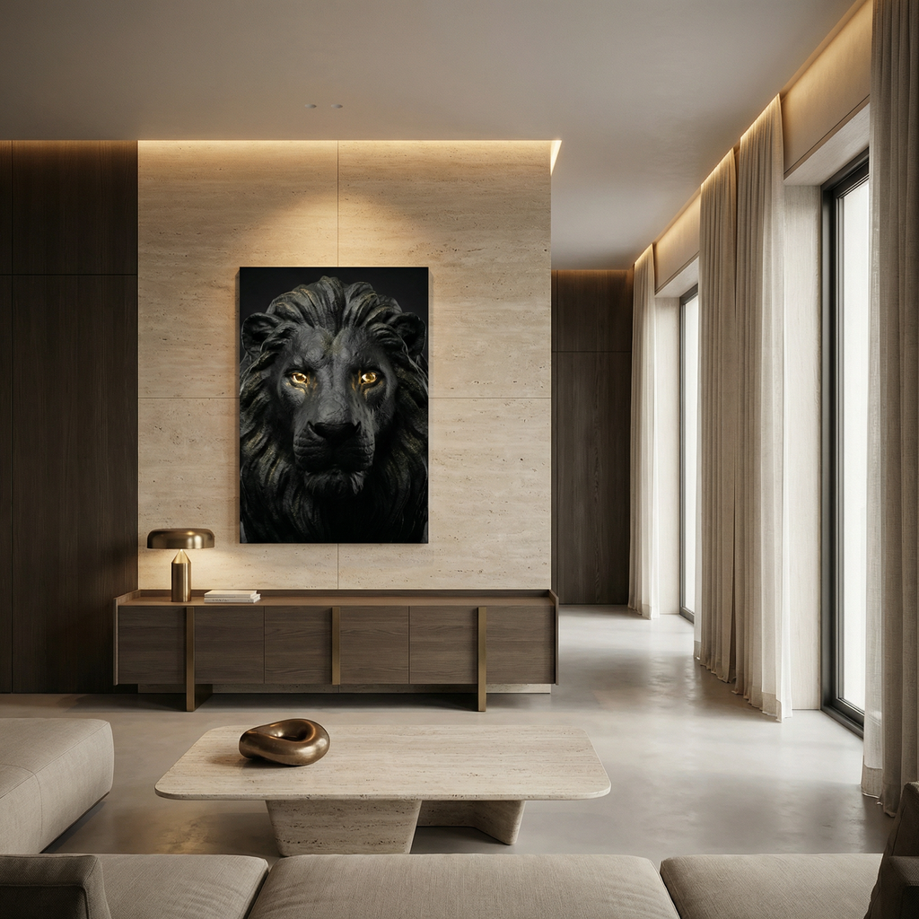 [WandkunstTHE LION KING | Wandbild Löwe Schwarz mit Gold Augen |] - Luxus Wandbild mit 24 Karat Gold | Dark Luxury Interior & Wanddekoration.