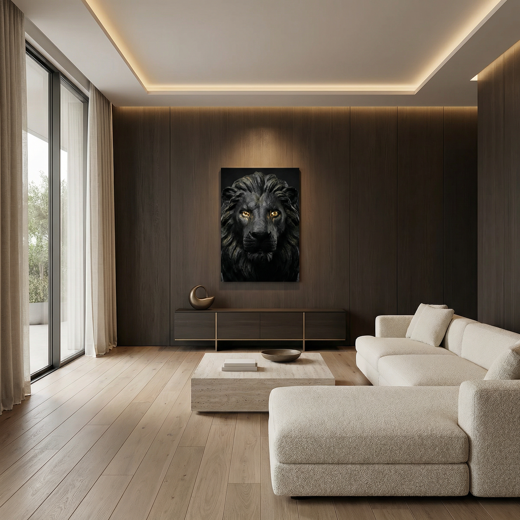 [WandkunstTHE LION KING | Wandbild Löwe Schwarz mit Gold Augen |] - Luxus Wandbild mit 24 Karat Gold | Dark Luxury Interior & Wanddekoration.