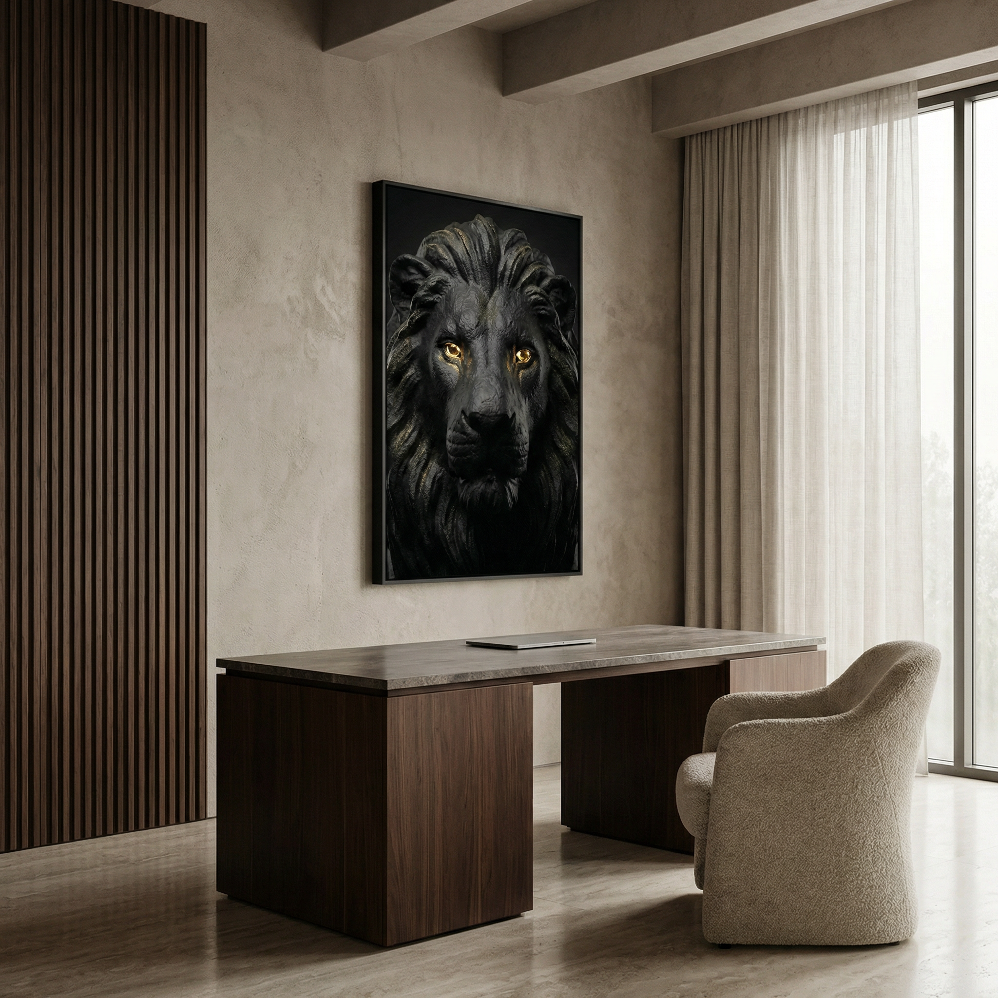 [WandkunstTHE LION KING | Wandbild Löwe Schwarz mit Gold Augen |] - Luxus Wandbild mit 24 Karat Gold | Dark Luxury Interior & Wanddekoration.