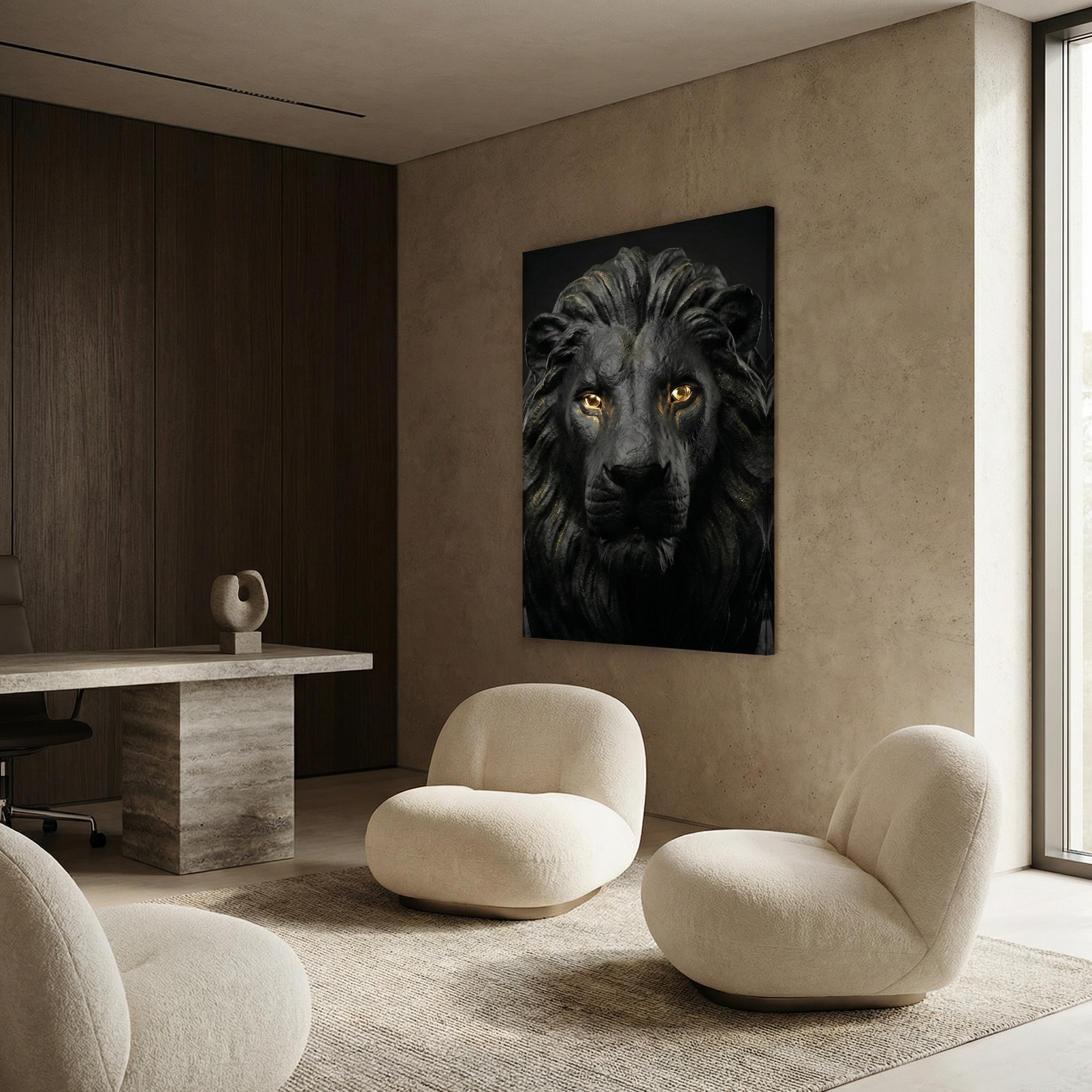 [WandkunstTHE LION KING | Wandbild Löwe Schwarz mit Gold Augen |] - Luxus Wandbild mit 24 Karat Gold | Dark Luxury Interior & Wanddekoration.