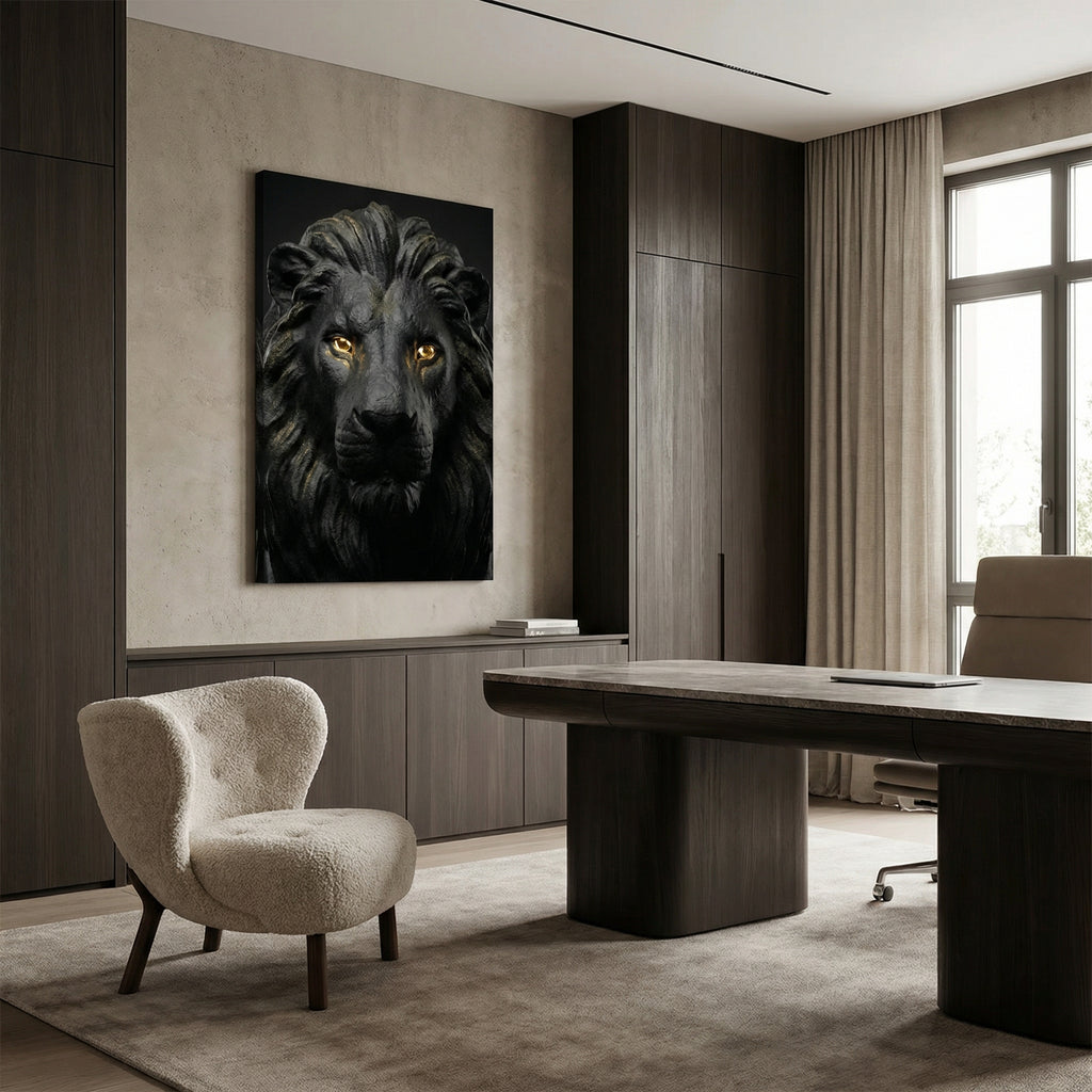 [WandkunstTHE LION KING | Wandbild Löwe Schwarz mit Gold Augen |] - Luxus Wandbild mit 24 Karat Gold | Dark Luxury Interior & Wanddekoration.