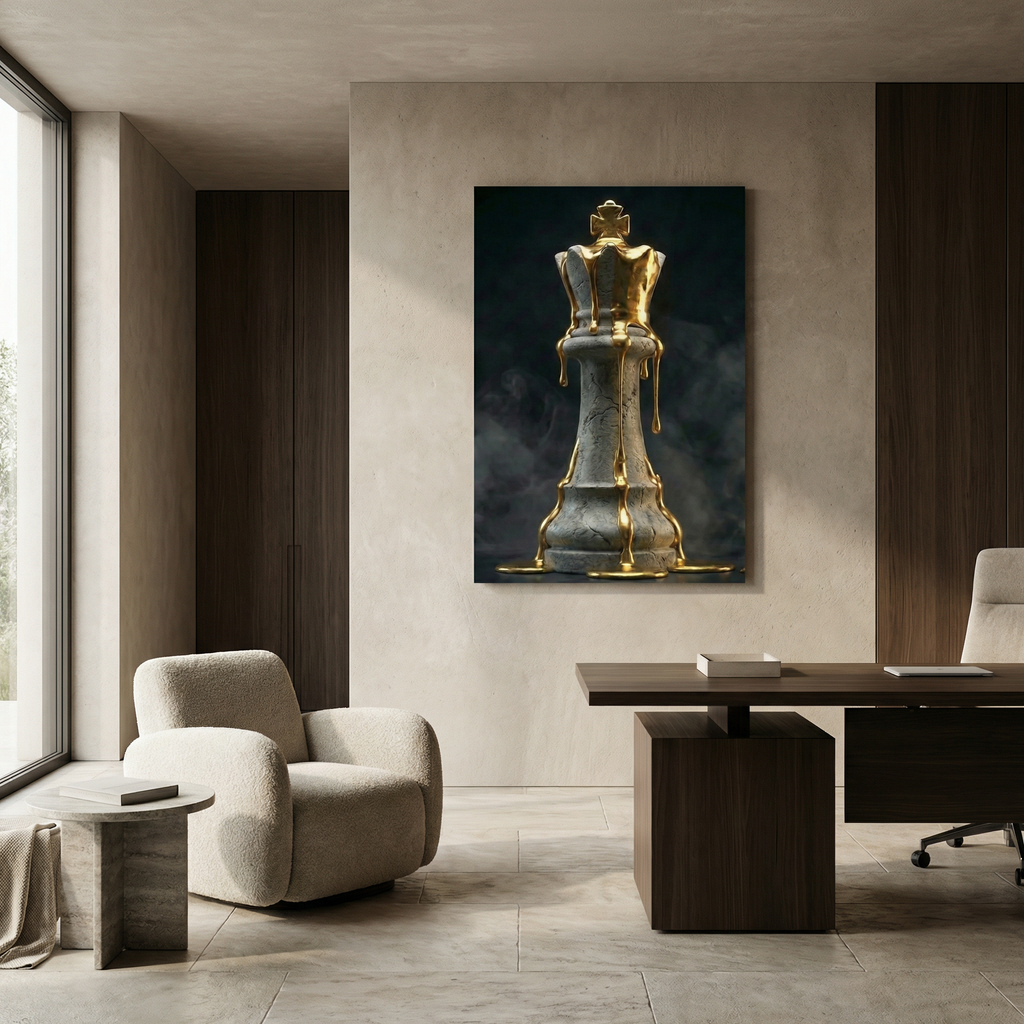 [Wandbild Schachkönig Gold & Schwarz | Luxus Kunst] - Luxus Wandbild mit 24 Karat Gold | Dark Luxury Interior & Wanddekoration.