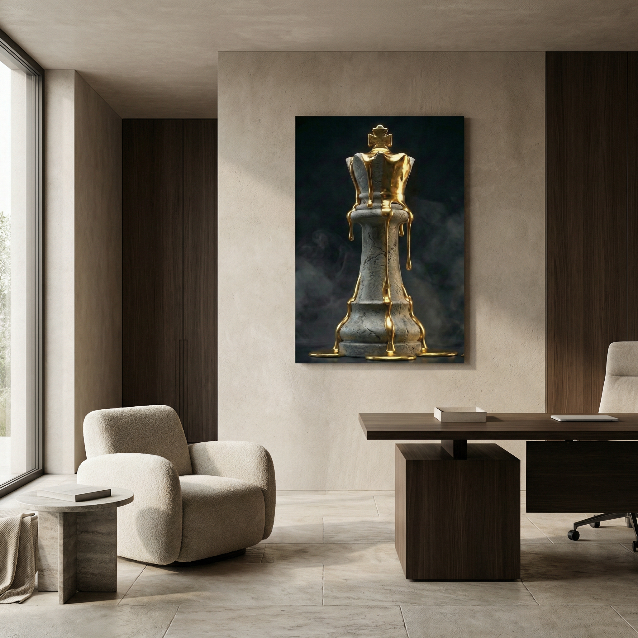 [Wandbild Schachkönig Gold & Schwarz | Luxus Kunst] - Luxus Wandbild mit 24 Karat Gold | Dark Luxury Interior & Wanddekoration.