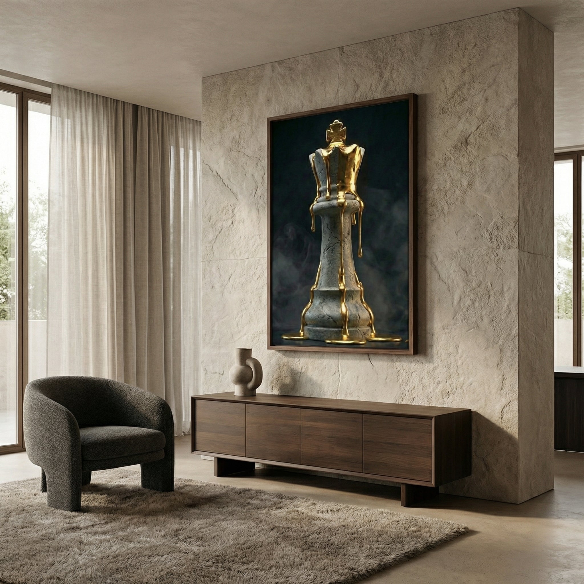 [Wandbild Schachkönig Gold & Schwarz | Luxus Kunst] - Luxus Wandbild mit 24 Karat Gold | Dark Luxury Interior & Wanddekoration.