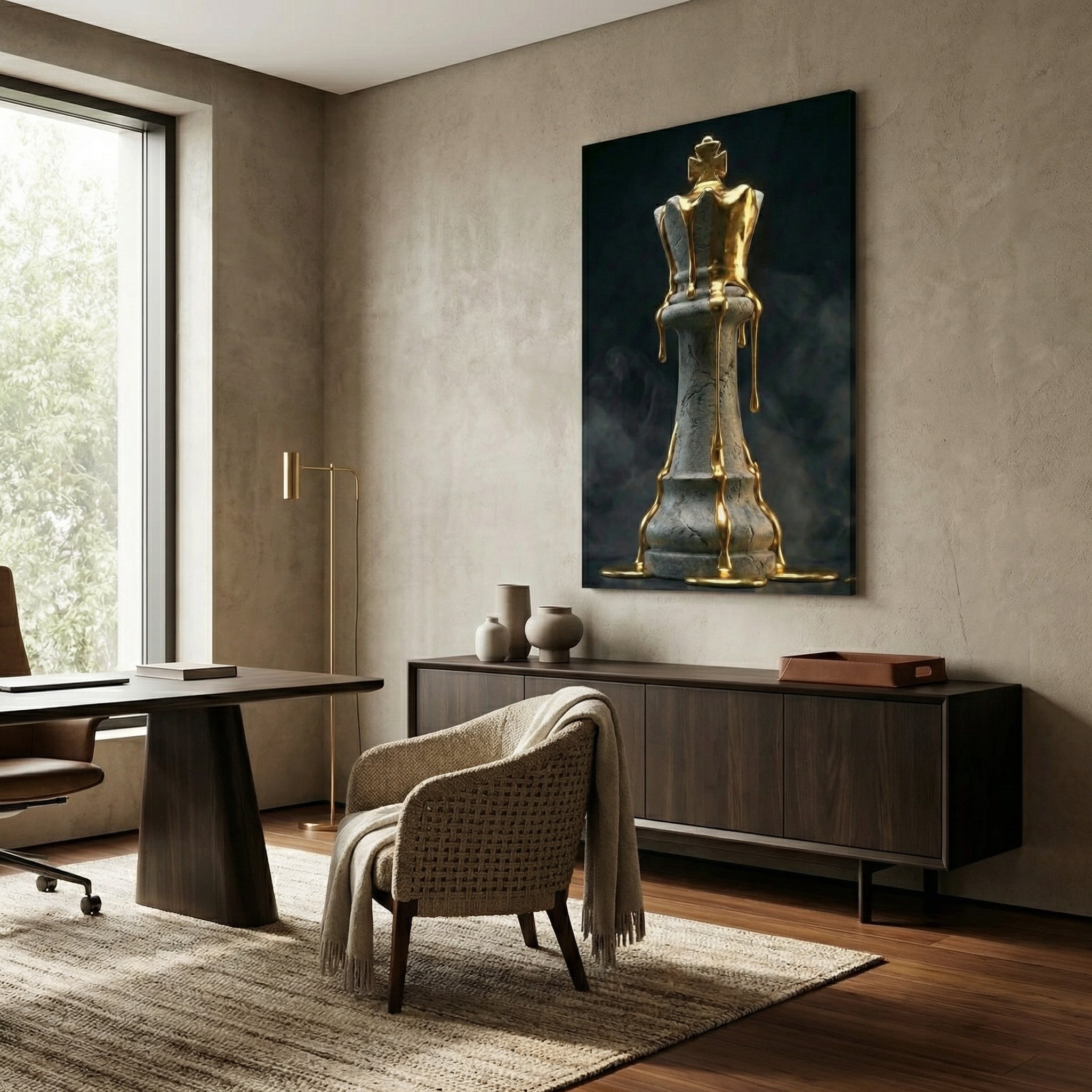 [Wandbild Schachkönig Gold & Schwarz | Luxus Kunst] - Luxus Wandbild mit 24 Karat Gold | Dark Luxury Interior & Wanddekoration.