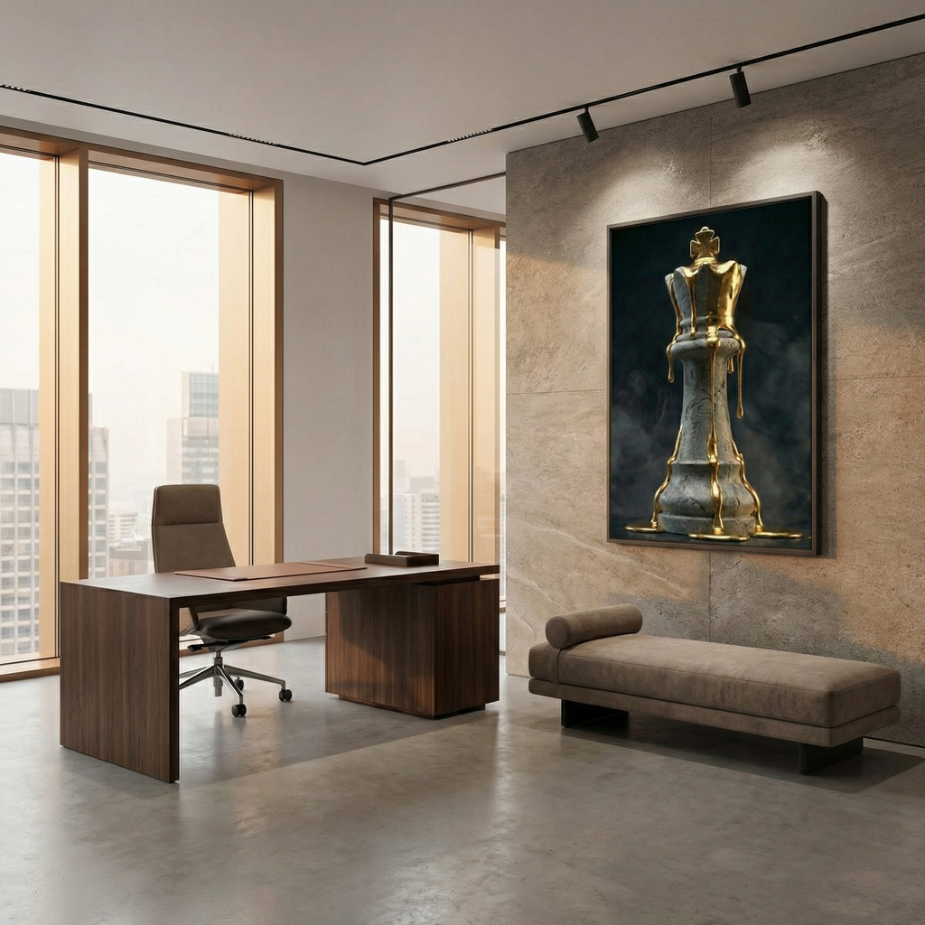[Wandbild Schachkönig Gold & Schwarz | Luxus Kunst] - Luxus Wandbild mit 24 Karat Gold | Dark Luxury Interior & Wanddekoration.