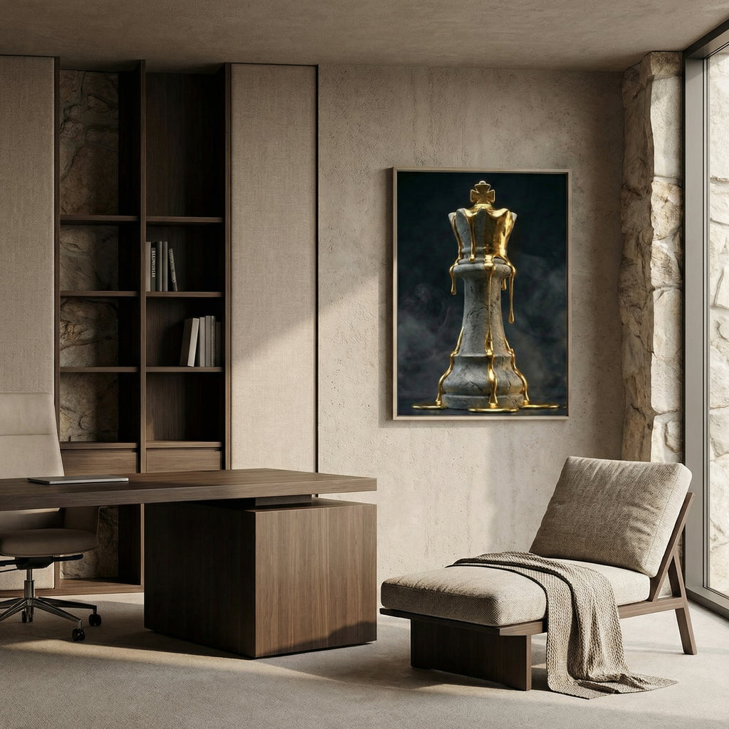 [Wandbild Schachkönig Gold & Schwarz | Luxus Kunst] - Luxus Wandbild mit 24 Karat Gold | Dark Luxury Interior & Wanddekoration.