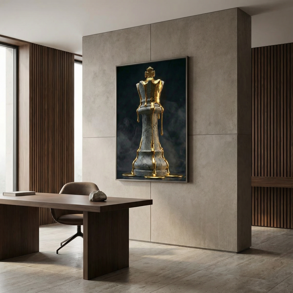 [Wandbild Schachkönig Gold & Schwarz | Luxus Kunst] - Luxus Wandbild mit 24 Karat Gold | Dark Luxury Interior & Wanddekoration.