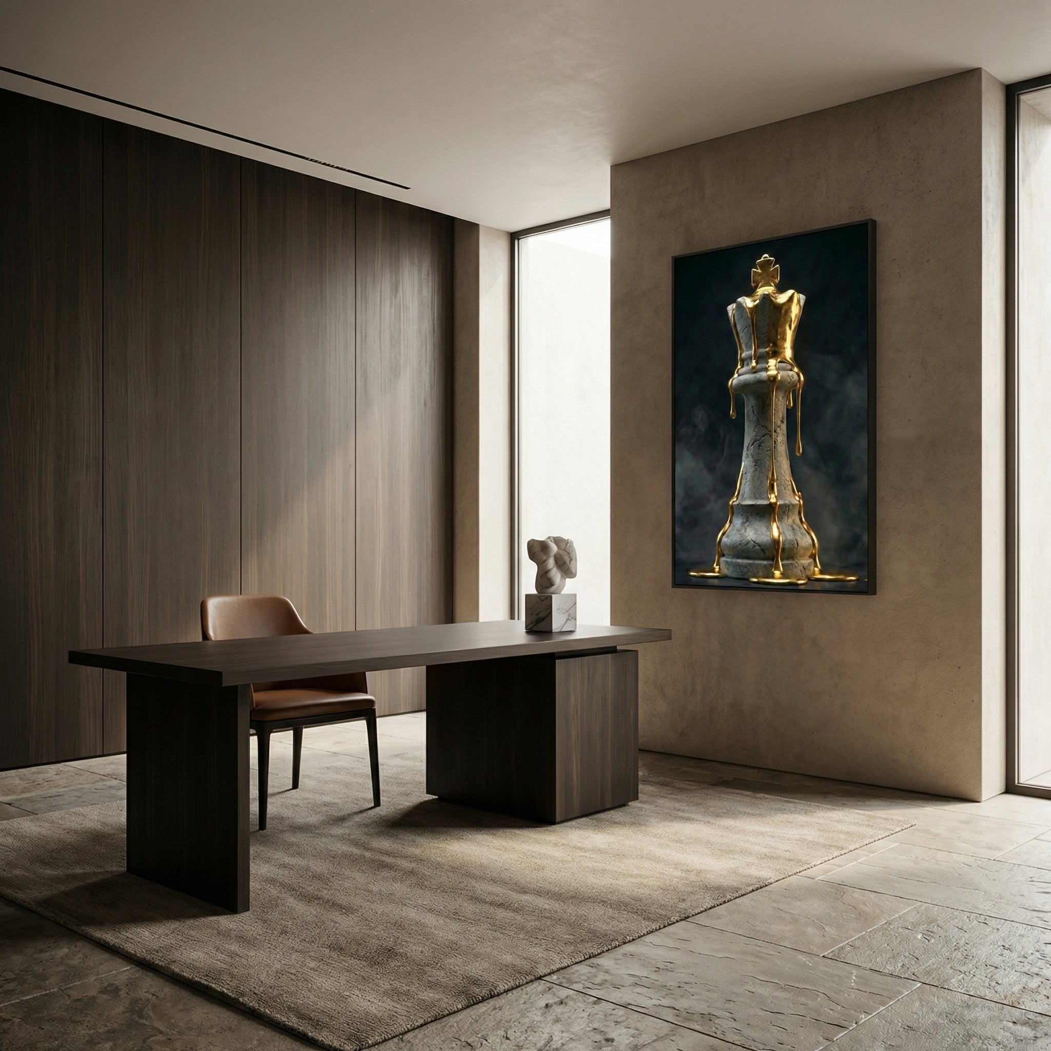 [Wandbild Schachkönig Gold & Schwarz | Luxus Kunst] - Luxus Wandbild mit 24 Karat Gold | Dark Luxury Interior & Wanddekoration.