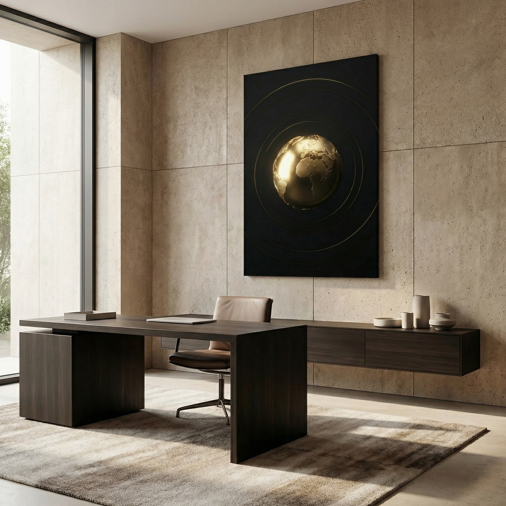 Exklusives Kunstwerk "The World Is Yours" – Modernes 3D Globus Wandbild für dezentes Status-Ambiente