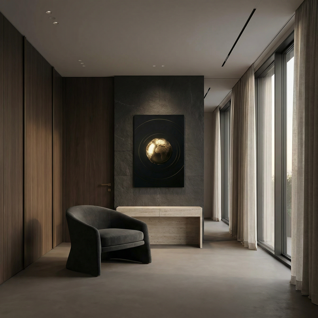 Exklusives Kunstwerk "The World Is Yours" – Modernes 3D Globus Wandbild für dezentes Status-Ambiente