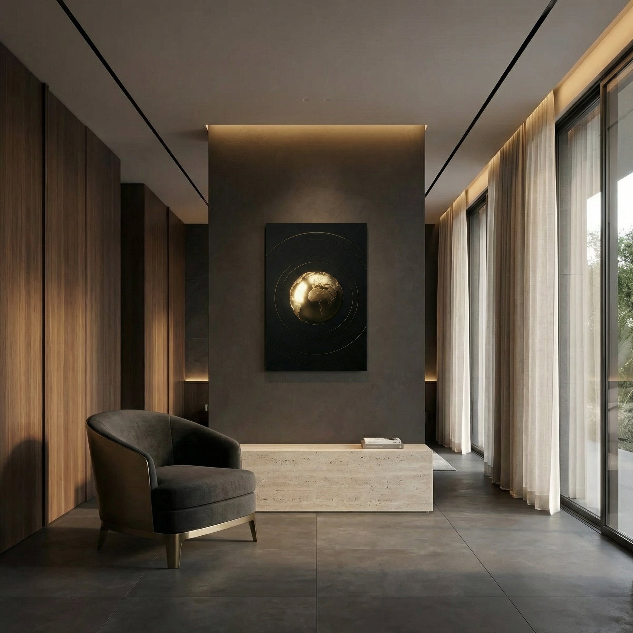 Exklusives Kunstwerk "The World Is Yours" – Modernes 3D Globus Wandbild für dezentes Status-Ambiente