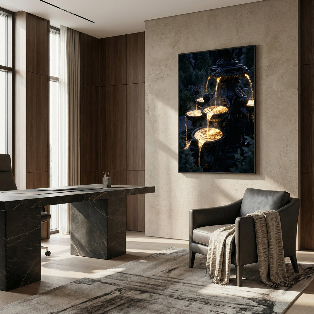 Liquid Gold Fountain – Dark Fantasy Luxus-Wandbild für Premium Interior & Gaming-Setup