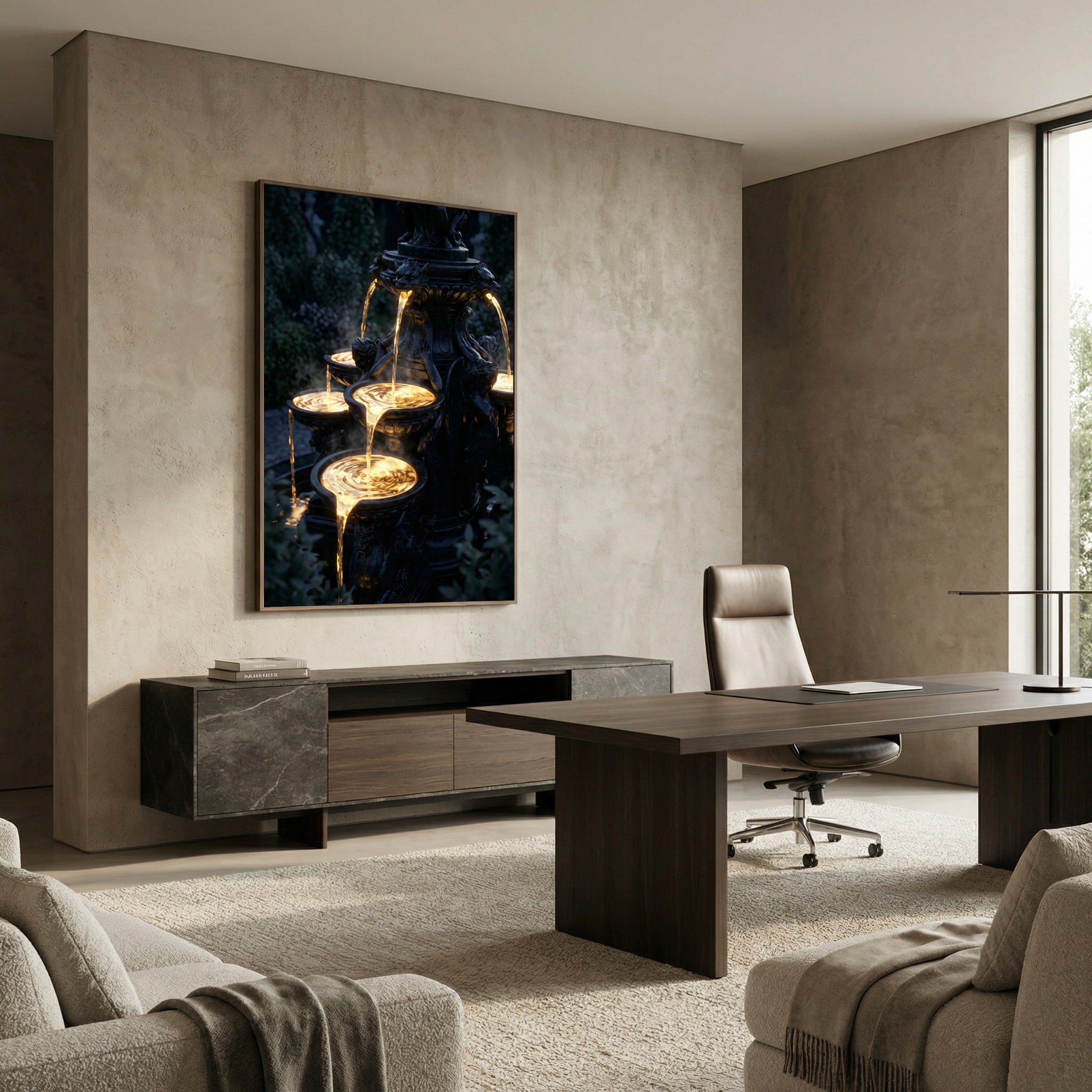 Liquid Gold Fountain – Dark Fantasy Luxus-Wandbild für Premium Interior & Gaming-Setup