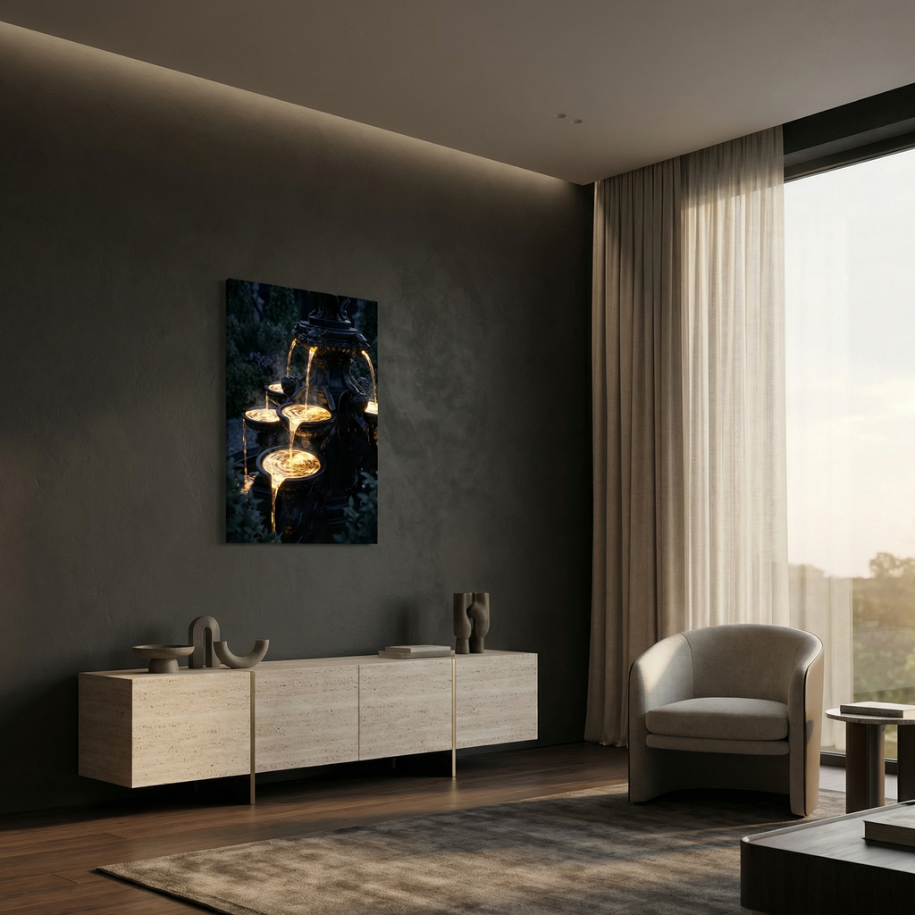 Liquid Gold Fountain – Dark Fantasy Luxus-Wandbild für Premium Interior & Gaming-Setup