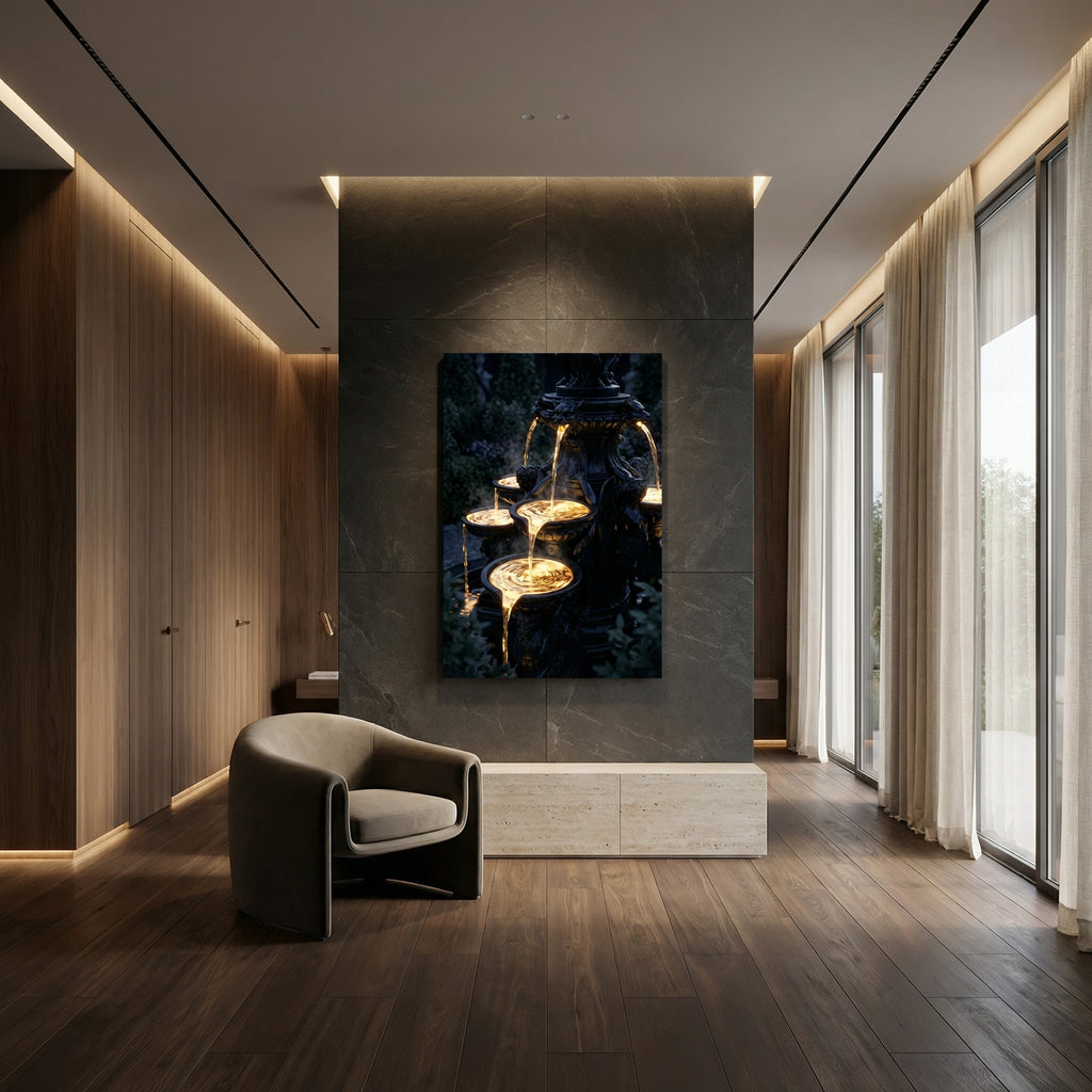 Liquid Gold Fountain – Dark Fantasy Luxus-Wandbild für Premium Interior & Gaming-Setup