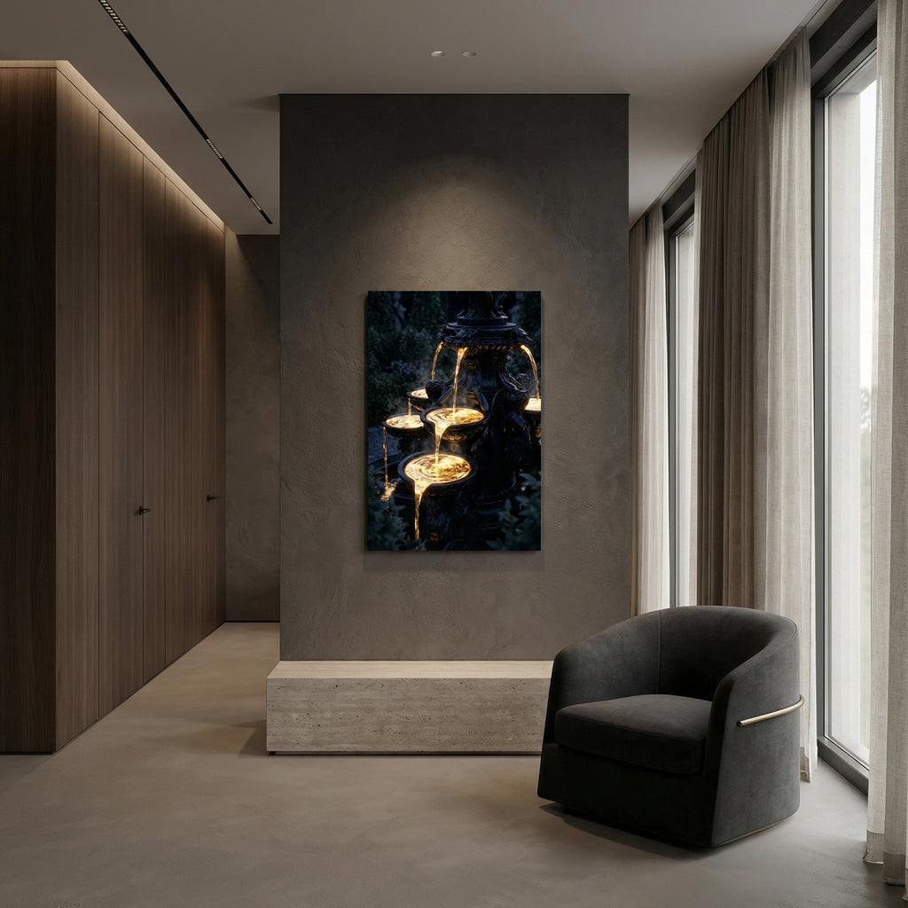 Liquid Gold Fountain – Dark Fantasy Luxus-Wandbild für Premium Interior & Gaming-Setup