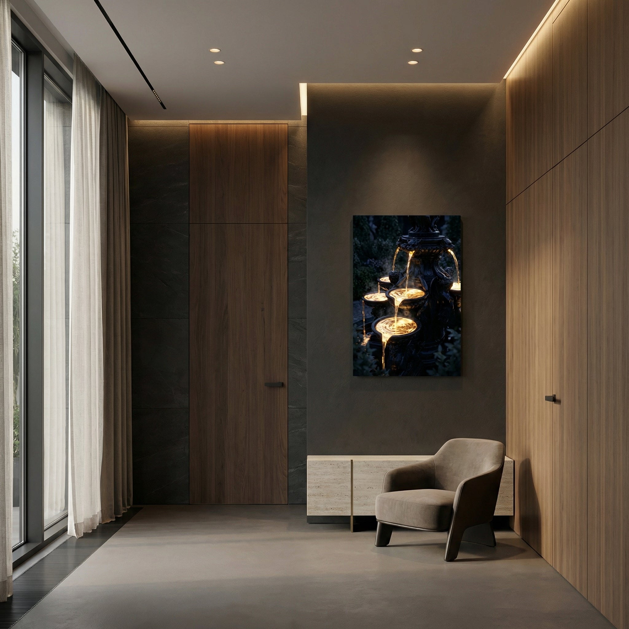 Liquid Gold Fountain – Dark Fantasy Luxus-Wandbild für Premium Interior & Gaming-Setup
