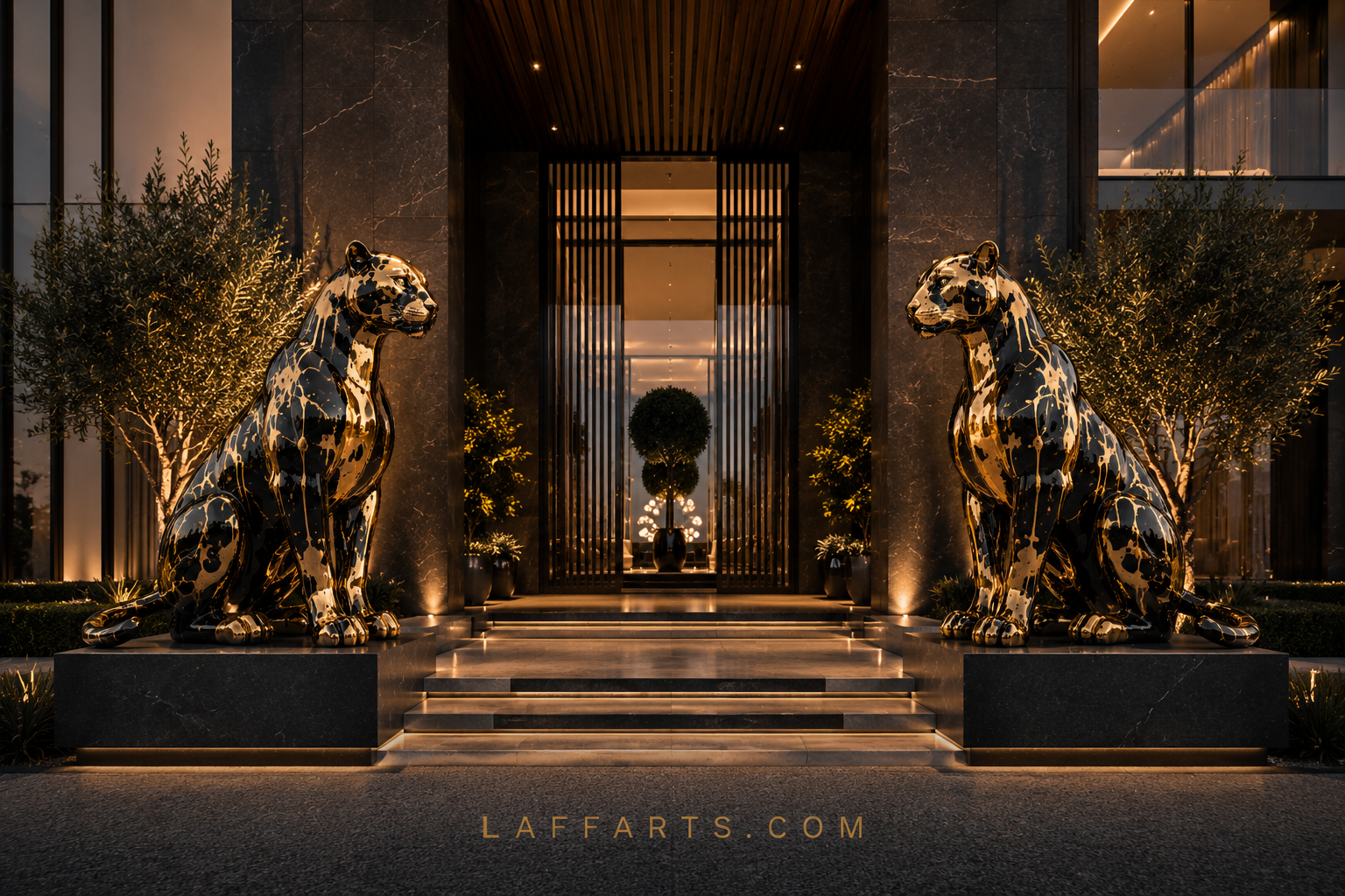 Zwei große Black-Gold Panther vor einer Villa als Entrance Statement
