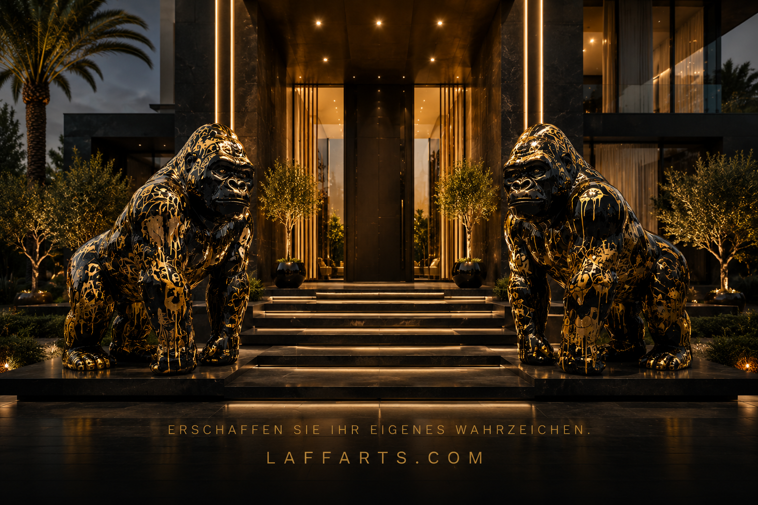 Black-Gold Gorilla Skulpturen vor einer Villa als Referenz fuer individuelle Statement Pieces von LAFFARTS Gallery